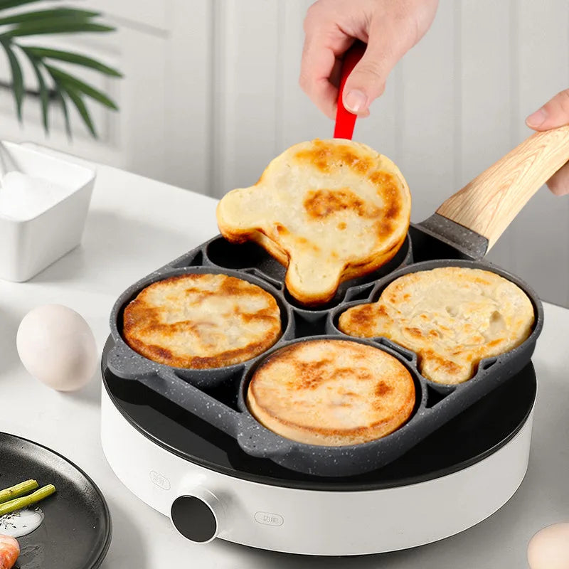 Four-hole non-stick omelette pan, Breakfast hamburgerThickpan,egg dumpling pan, Ham pan, Dual-purpose cookware