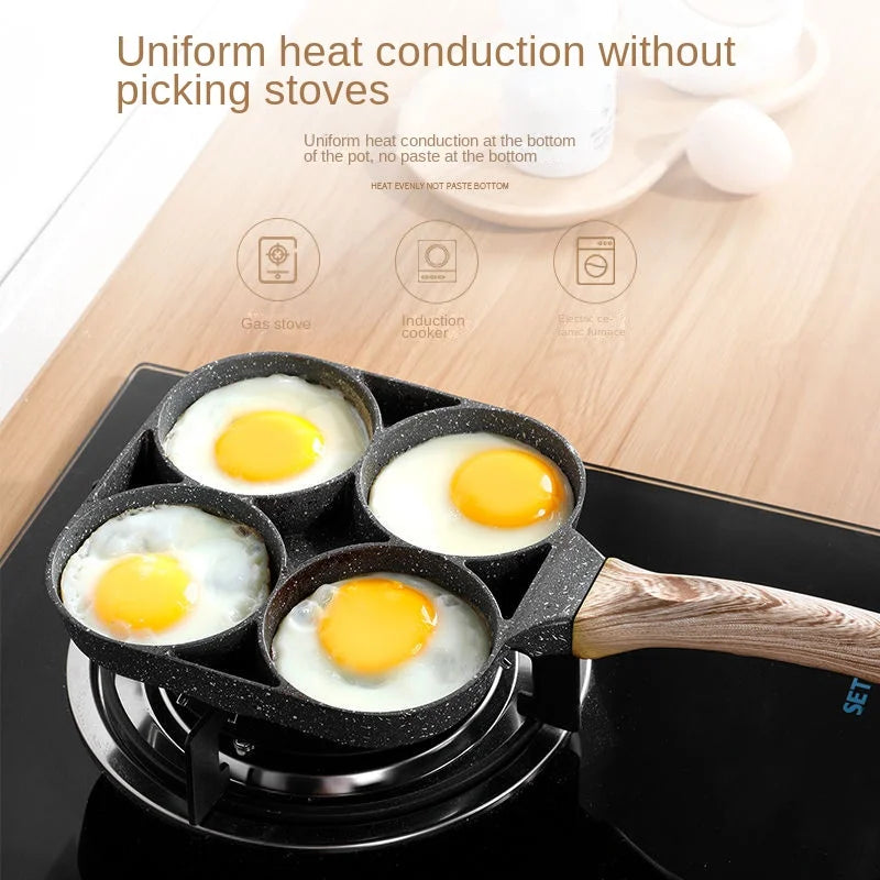 Four-hole non-stick omelette pan, Breakfast hamburgerThickpan,egg dumpling pan, Ham pan, Dual-purpose cookware